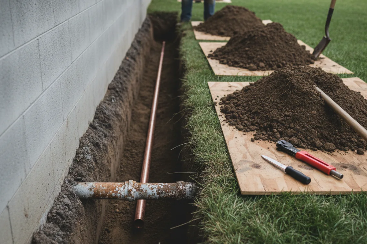 Excavated water line trench during Water Softener Installation in Canmer